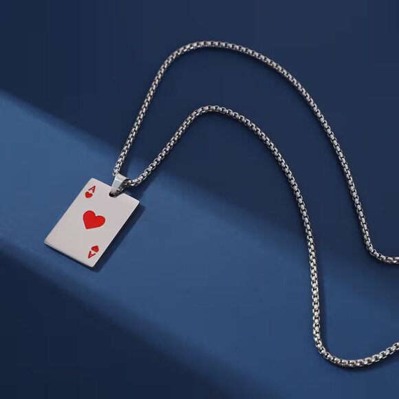 Ace of Hearts Necklace Stainless Steel Playing Card Dog Tag - Picture 1 of 2